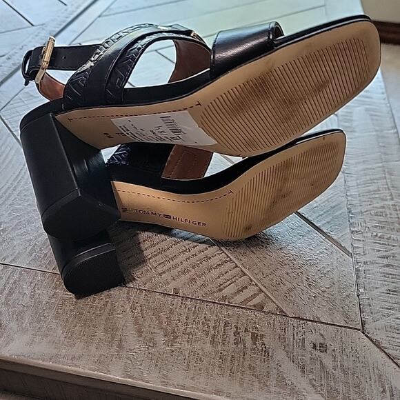 Tommy Hilfiger Women's Block Heel Slide Block Heel Gold Logo Stacked Heel - Picture 6 of 10